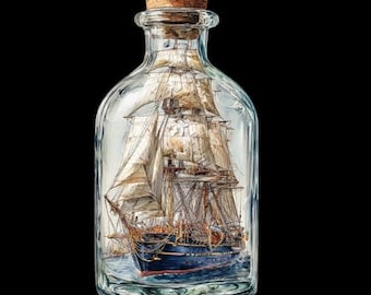 Puede incluir: Una botella de vidrio transparente con tapón de corcho, que contiene un detallado barco de vela en miniatura. El barco tiene velas blancas, casco azul oscuro y aparejo intrincado. La botella está sobre un fondo negro.