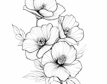 Paquete de imágenes prediseñadas de arte lineal floral, tallo de flor PNG JPG, diseño de tatuaje, página para colorear