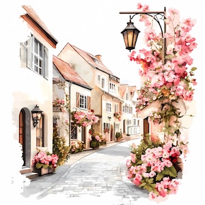 Romantyczna wiosenna ulica wiejska z kwiatami akwarela PNG Bundle – natychmiastowe pobranie dzieła sztuki Cottage Path do sublimacji i samodzielnego drukowania