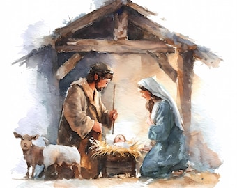 May include: Watercolor painting of the Nativity scene. Joseph and Mary are depicted kneeling near the baby Jesus in a manger. A lamb stands nearby. The scene is set in a rustic wooden stable with a thatched roof.