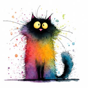 Bundle de cliparts drôle de chat noir, chats colorés aquarelles avec fourrure arc-en-ciel, Illustrations fantaisistes de chat noir, PNG JPG, sublimation, art mural