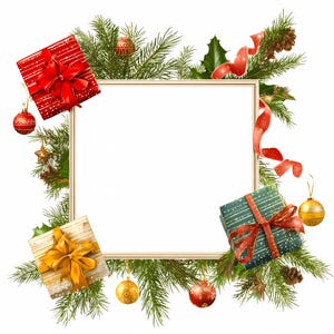 May include: A Christmas-themed frame with a blank centre. The frame is decorated with evergreen branches, red and gold baubles, gift boxes, and a red ribbon. The gift boxes have red, gold, and green wrapping.