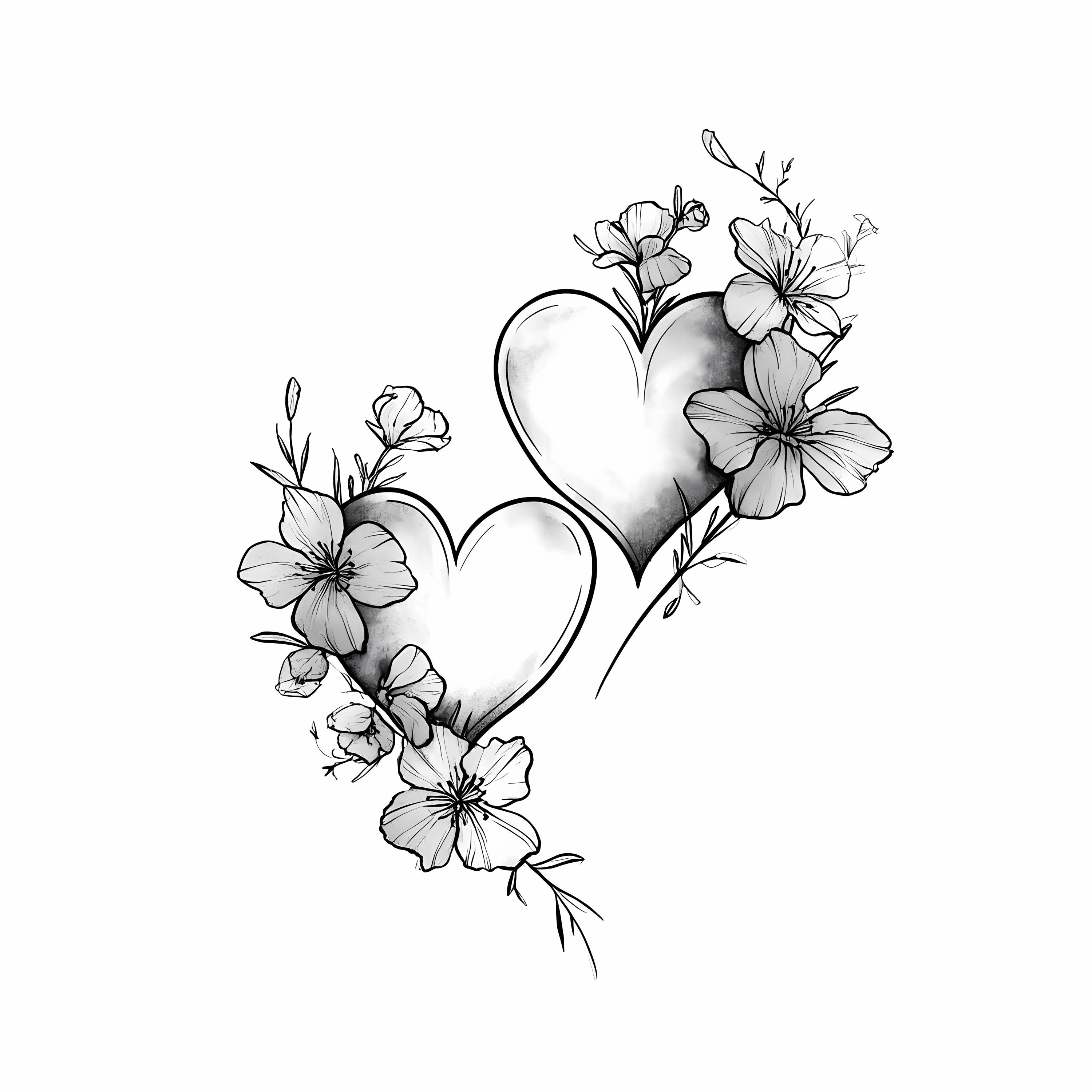 Heart Floral Clipart Bundle: Black and White Love Heart Illustrations ...