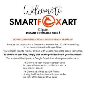 Puede incluir: Fondo blanco con texto: "Welcome to SMARTFOXART Clipart INSTANT DOWNLOAD FILES". Se proporcionan instrucciones para descargar archivos de Google Drive, incluyendo im&aacute;genes individuales o un archivo ZIP.