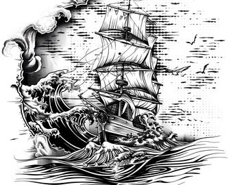 Sailing Ship Clipart – Nautical Tattoo Art, Black and White, PNG JPG, 1594