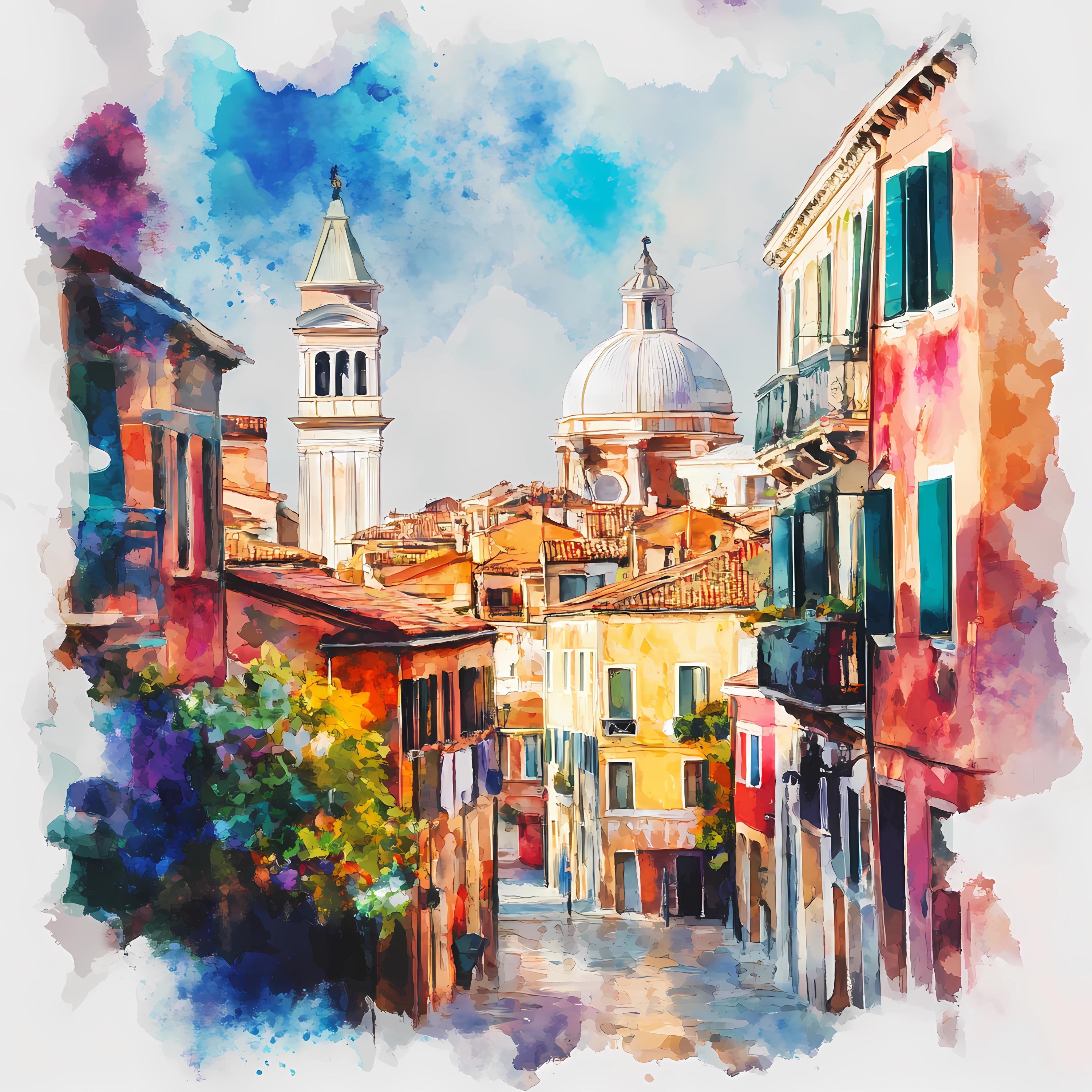 ヴェネツィアの街並み水彩画プリントセット：イタリアの街並み