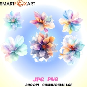 Pacchetto di clipart floreali astratte colorate, PNG e JPG trasparenti, fiori arcobaleno acquerellati, grafica botanica stampabile con fiori.