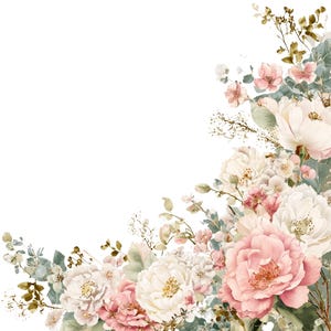 Puede incluir: Arreglo floral en acuarela con peonías rosas y blancas, rosas y otras flores. El arreglo incluye follaje verde y gris, sobre un fondo blanco. Las flores se agrupan en las esquinas inferior y superior derechas.