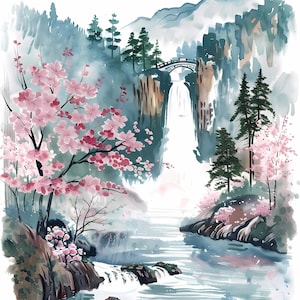 Aquarell japanische Kirschblüte Wasserfall Landschaft Wand Kunst Bundle - Sakura Berg Flusstal Natur Szene PNG JPG Printable Decor