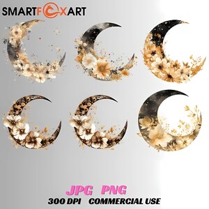Croissant de lune doré avec clipart fleurs aquarelle - lot d'art lune céleste PNG et JPG pour travaux manuels, invitations, sublimation, art mural