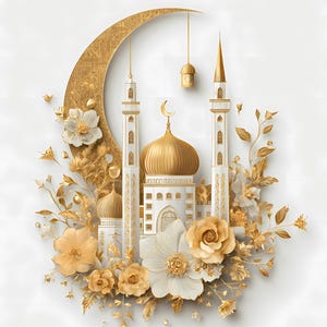 High-quality golden mosque illustration with ornate crescent moon and floral decorations, perfect for Eid Mubarak or Islamic holiday celebrations, featuring detailed domes, minarets and luxury floral elements. Ideal for greeting cards, wall art, DIY projects and printable decorations in Islamic cultural themes. Includes PNG with transparent background and JPG formats for easy use in crafts, sublimation, scrapbooking, digital invitations, and festive design projects.