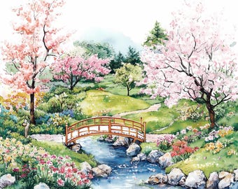日本の庭園クリップアート8点セット：水彩画風春のアジアアートPNG