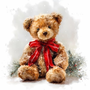 Op de afbeelding: Waterverfillustratie van een teddybeer met bruine vacht en een felrode strik om zijn nek. De beer zit voor een besneeuwde achtergrond met een kleine dennentak.