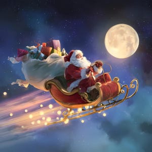Flying Santa Sleigh Clipart Bundle Set of 14, Christmas Night Sky Santa with Gifts, PNG and JPG – Holiday Santa Sleigh Illustration Set