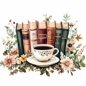 8 Libro con flores silvestres y taza de café PNG, Solo un capítulo más PNG, Libro con flores PNG, Lectura acogedora PNG, Libro floral para amantes de los libros PNG