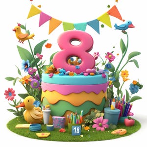 Paquete de imágenes prediseñadas de números de pastel para el octavo cumpleaños, imágenes prediseñadas de pastel, imágenes prediseñadas de dibujos animados imprimibles, PNG de alta calidad, manualidades de papel, diario basura