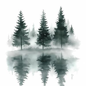 Arte mural con paisaje brumoso de lago y bosque, imágenes prediseñadas de acuarela de pinos y lago, paquete de escenas de naturaleza brumosa PNG JPG, impresión de bosque nórdico