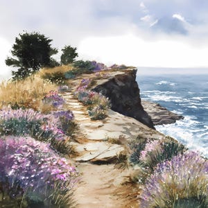 Może przedstawiać: Akwarela przedstawiająca nadmorską ścieżkę z widokiem na ocean. Ścieżka, wykonana z kamienia, jest obsadzona fioletowymi i różowymi dzikimi kwiatami i prowadzi do krawędzi klifu. Niebo jest zachmurzone, a morze ma głęboki niebieski kolor.