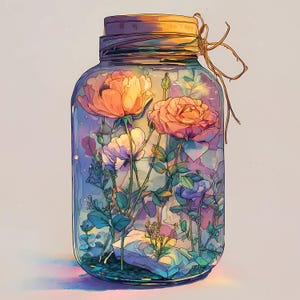 Watercolor Floral Glass Jar Art Bundle Set of 15, Romantic Mason Jar Flowers Prints, Rustic Vintage Botanical Wall Decor PNG JPG