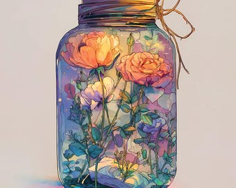 Watercolor Flower Glass Jar Prints, Botanical Wall Art (PNG JPG)