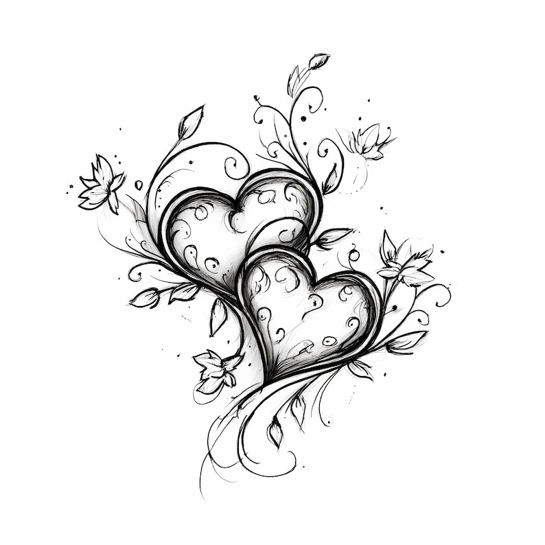 Heart Floral Clipart Bundle: Black and White Love Heart Illustrations ...