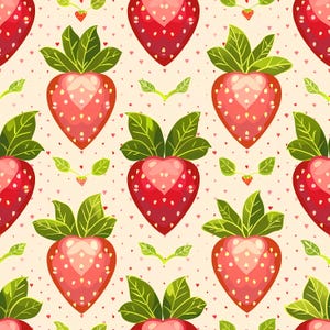 Decorative strawberry pattern artwork combining cute fruit shapes, gentle color tones, and repeating structure, ideal for kitchen wall decor, fabric surfaces, scrapbooking layouts, stationery products, gift packaging, nursery accessories, and creative designs inspired by summer berries and playful aesthetics.