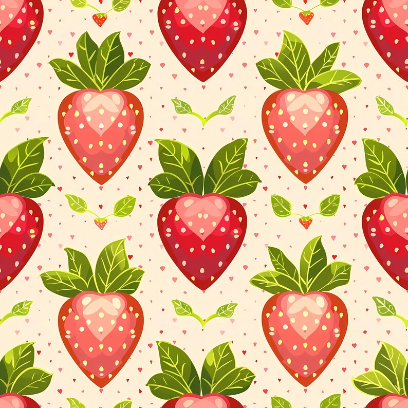 Decorative strawberry pattern artwork combining cute fruit shapes, gentle color tones, and repeating structure, ideal for kitchen wall decor, fabric surfaces, scrapbooking layouts, stationery products, gift packaging, nursery accessories, and creative designs inspired by summer berries and playful aesthetics.