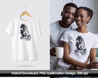 Summer Vibes Surfing PNG: Beach Scene Sublimation Design
