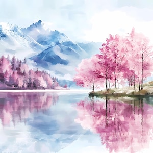 Paquete de imágenes prediseñadas de lago de cerezos en flor, paisaje de montaña rosa en acuarela PNG JPG, arte mural natural de estilo japonés, paisaje primaveral de Sakura