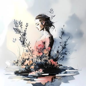 Conjunto de arte de parede com retrato de mulher moderna, 8 óculos de sol fashion femininos e ilustrações florais em aquarela, arte estética feminina moderna PNG JPG