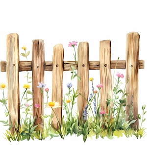 Conjunto de 8 clipart de portão de jardim rústico, portão de jardim em aquarela e clipart de flores PNGs de alta qualidade para download instantâneo em papel artesanal