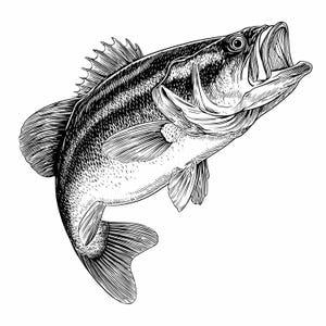 May include: Detailed black and white illustration of a largemouth bass. The fish is depicted with its mouth open, showcasing its teeth, and is angled upwards. The image highlights the fish's scales, fins, and overall body structure against a white background.