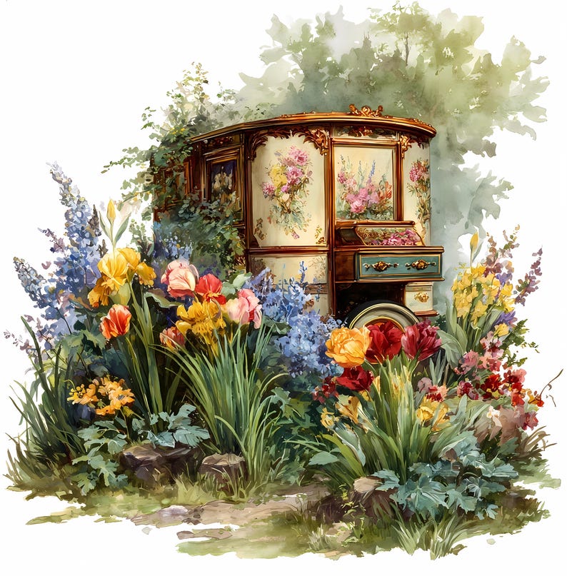 Retro Camper Watercolor Clipart Bundle: Floral Trailer Art (PNG, JPG ...