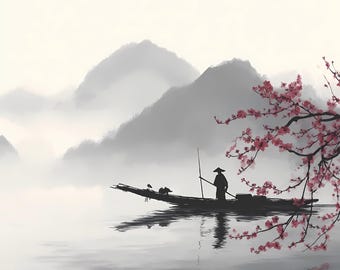 Sumi-e Ink Wash Landscape Triptych Set: Asian Zen Mountain Art