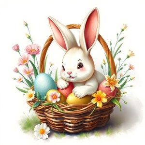 8 Clipart Coniglietto Pasquale Png Jpg, Coniglietto In Cesto Con Fiori Primaverili, Download Digitale Jpg, Clipart Acquerello Stampabile, Junk Journal Png