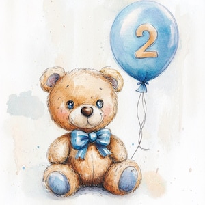 2nd Birthday Teddy Bear Clipart, Number 2 Birthday Boy Balloon, 2nd Birthday PNG, 2nd Birthday Card Invitation Watercolor Clipart Set PNGs