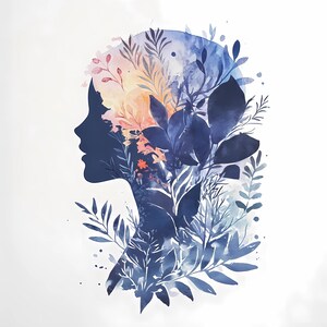 Impressão de arte de parede de silhueta de mulher botânica em aquarela – 8 ilustrações minimalistas da natureza feminina – Perfil feminino floral azul e amarelo