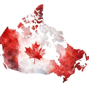 May include: Watercolor painting of the Canadian flag in the shape of the country's map. The flag features a red maple leaf on a white background, with red borders. The artwork has a textured, artistic appearance.