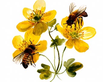 Watercolor Bee and Flower Clipart Bundle Set of 11: Wildflower Illustrations, PNG JPG, 1465