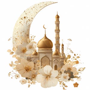High-quality golden mosque illustration with ornate crescent moon and floral decorations, perfect for Eid Mubarak or Islamic holiday celebrations, featuring detailed domes, minarets and luxury floral elements. Ideal for greeting cards, wall art, DIY projects and printable decorations in Islamic cultural themes. Includes PNG with transparent background and JPG formats for easy use in crafts, sublimation, scrapbooking, digital invitations, and festive design projects.