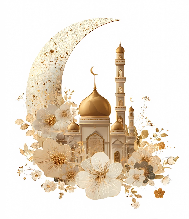 High-quality golden mosque illustration with ornate crescent moon and floral decorations, perfect for Eid Mubarak or Islamic holiday celebrations, featuring detailed domes, minarets and luxury floral elements. Ideal for greeting cards, wall art, DIY projects and printable decorations in Islamic cultural themes. Includes PNG with transparent background and JPG formats for easy use in crafts, sublimation, scrapbooking, digital invitations, and festive design projects.