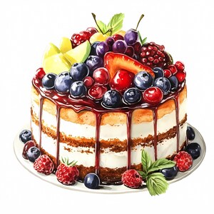 Watercolor Berry Cake Clipart Bundle: Printable Dessert Art, PNG JPG ...