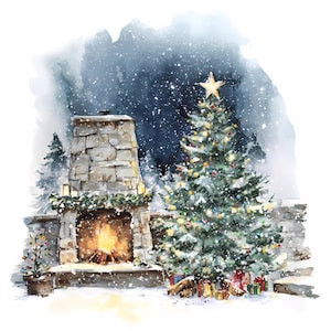 Watercolor Christmas Fireplace Scene Winter Tree Holiday Printable Wall Art