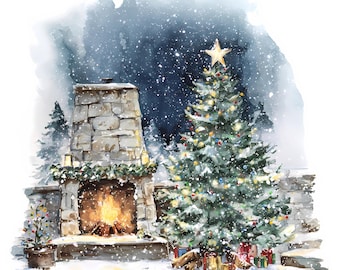 Watercolor Christmas Fireplace Scene Winter Tree Holiday Printable Wall Art,1824
