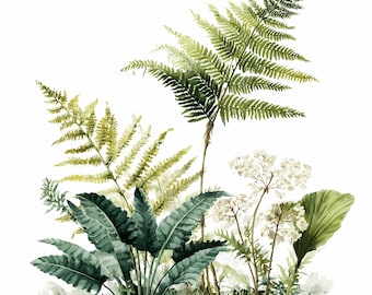 Watercolor Fern PNG Bundle, Botanical Leaf Clipart Set, Vintage Greenery Illustration,1185