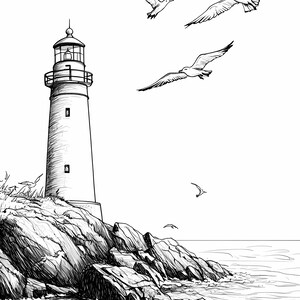 May include: A black and white line drawing of a lighthouse on a rocky cliff with seagulls flying overhead. The lighthouse is tall and has a white tower with a black roof. The rocks are jagged and the sea is calm.