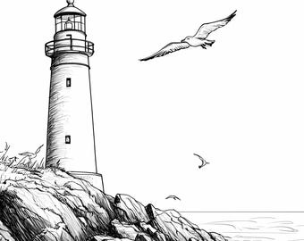 8 Lighthouse Clipart Set, Black and White Pencil Hand Drawn Ocean Lighthouse PNG Bundle, Scrapbooking, Junk Journals, Paper craft