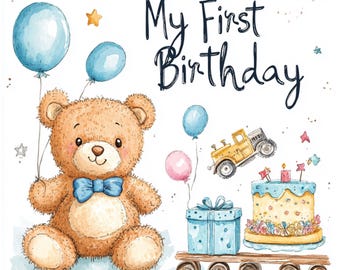 Teddy Bear Clipart Bundle, First Birthday, Blue Balloons, Digital Download, 66
