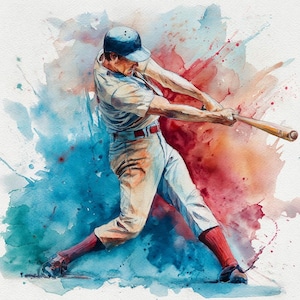 Könnte beinhalten: Aquarellmalerei eines Baseballspielers in Aktion, der einen Holzschläger schwingt. Der Spieler trägt einen blauen Helm, eine hellfarbene Uniform und rote Socken. Der Hintergrund zeigt blaue, rote und orangefarbene Aquarellspritzer.