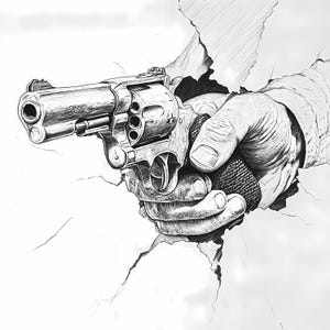 May include: A detailed black and white illustration of a revolver held in a hand, emerging from a torn surface. The gun is a prominent feature, with visible chambers and a textured grip. The artwork has a dramatic, graphic style.